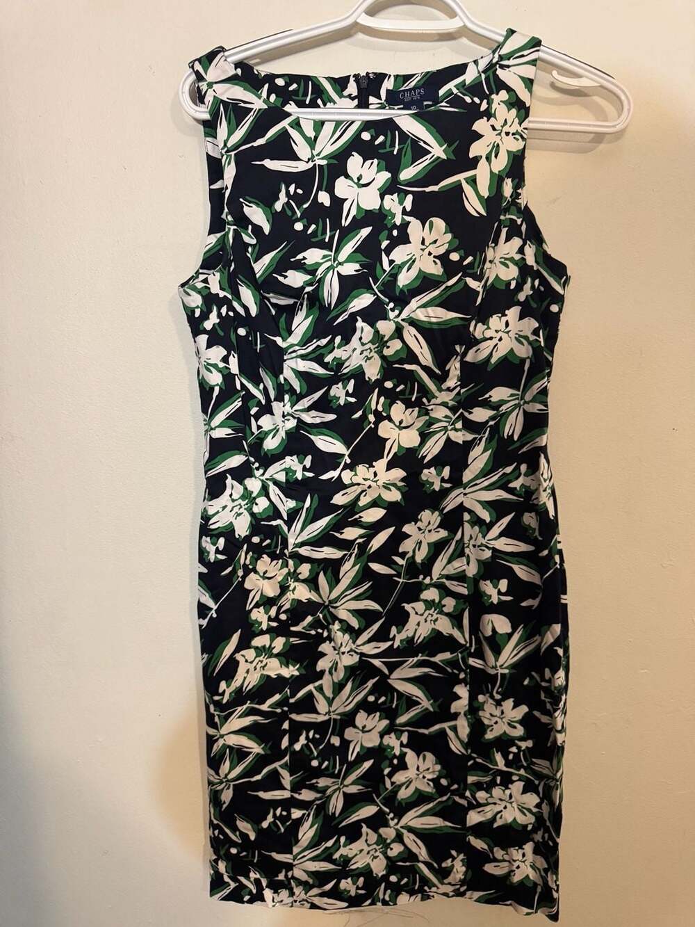 Chaps Size 10 Sleeveless Floral Sheath Dress Navy Green White